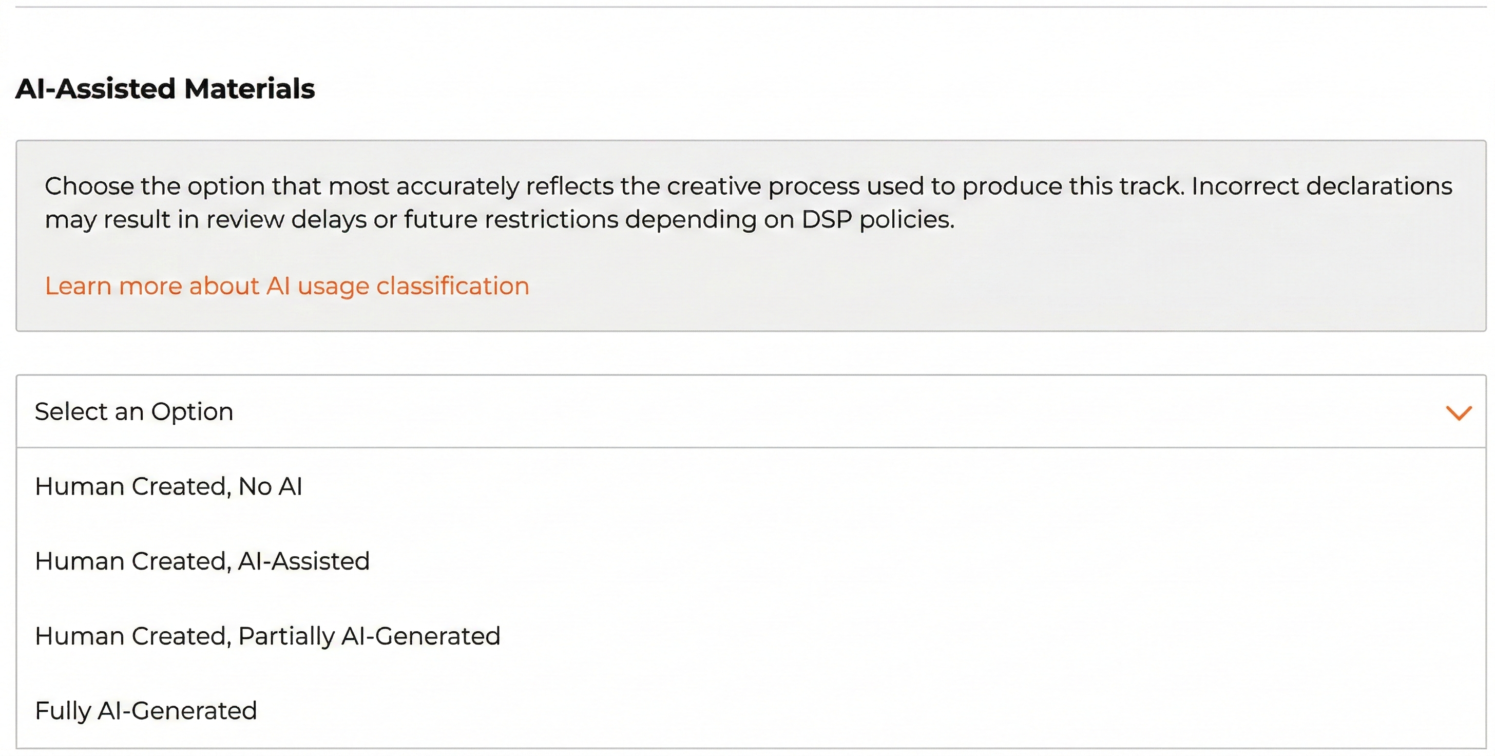 An screenshot with step by step guidance for the upload and categorization of AI generated content