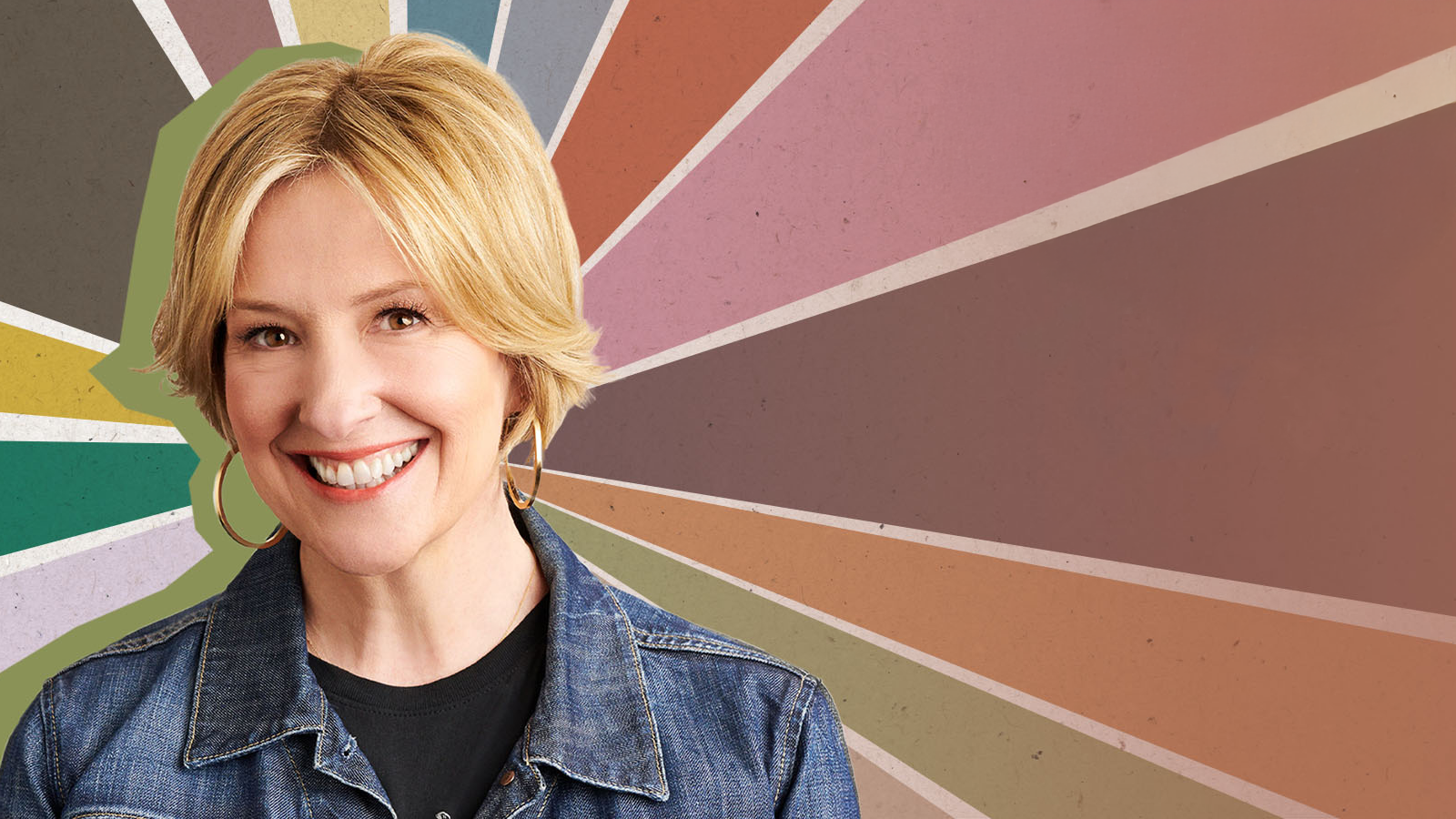 Smily and confident short haired blond woman look at the camera with a colourful rainbow-like background 